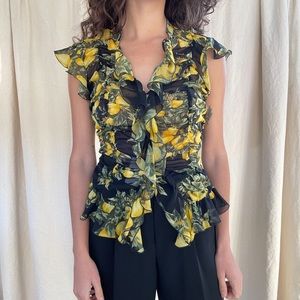Escada lemon print silk blouse NWT